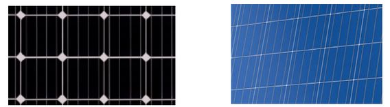 Ogniwa monokrystaliczne mają na ogół kolor ciemno-czarny / niebieski z wzorem rombu, natomiast ogniwa poli lub wielokrystaliczne mają kwadratowe krawędzie, mają kolor niebieski i lekko teksturowane.